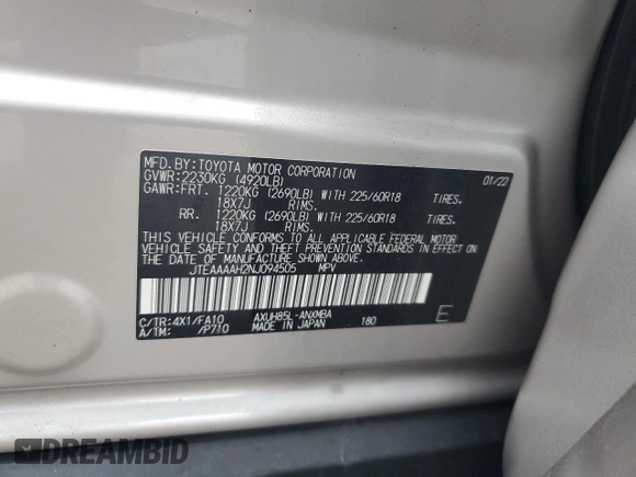 2022 Toyota Venza LE with VIN JTEAAAAH2NJ094505, listed as a Copart auction lot 72160574 with 47,081 mi miles and Salvage Title. Bid and sale history available at carsss.com. Image 13.