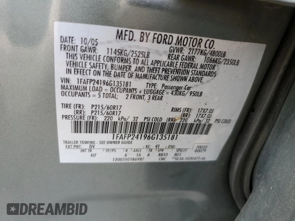 2006 Ford Five Hundred SEL с VIN 1FAFP24196G135181, выставлен на аукционе Copart как лот 57807965 с пробегом 168 929 миль миль и Списание • Salvage title. История ставок и продаж доступна на DreamBid. Изображение 12.