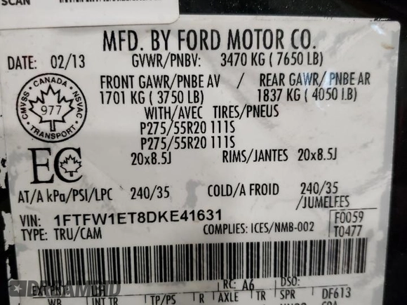 2013 Ford F-150 XL with VIN 1FTFW1ET8DKE41631, listed as a Copart auction lot 55074745 with 153,462 mi miles and Clean Title. Bid and sale history available at carsss.com. Image 12.