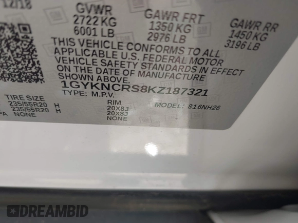 2019 Cadillac XT5 Luxury FWD with VIN 1GYKNCRS8KZ187321, listed as a IAAI auction lot 42362912 with 53,945 mi miles and . Bid and sale history available at DreamBid. Image 9.