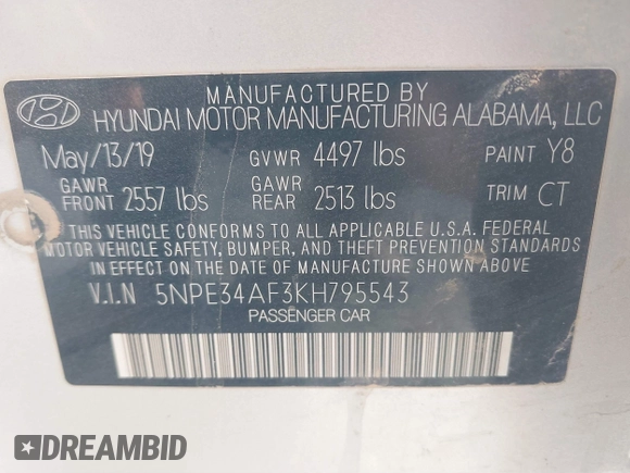2019 Hyundai Sonata SEL with VIN 5NPE34AF3KH795543, listed as a IAAI auction lot 41794340 with Not Provided miles and . Bid and sale history available at DreamBid. Image 9.