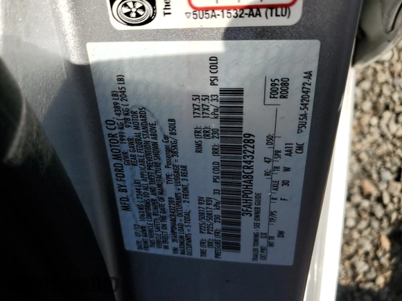 2012 Ford Fusion SE z VIN 3FAHP0HA8CR432289, wystawiony jako Copart lot #58714925 z przebiegiem 59 201 mil mil oraz Szkoda całkowita • Salvage title. Historia ofert i sprzedaży dostępna na DreamBid. Obrazek 12.