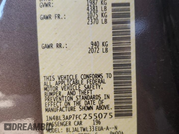 2015 Nissan Altima SL with VIN 1N4BL3AP7FC255075, listed as a Copart auction lot 47926435 with 36,976 mi miles and Salvage Title. Bid and sale history available at DreamBid. Image 12.