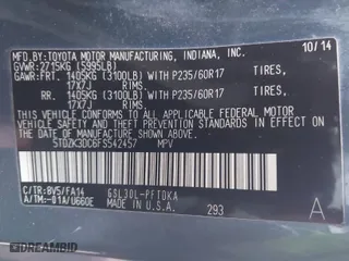 2015 Toyota Sienna L with VIN 5TDZK3DC6FS542457, listed as a IAAI auction lot 41072508 with 167,509 mi miles. Bid and sale history available at carsss.com. Image 9.