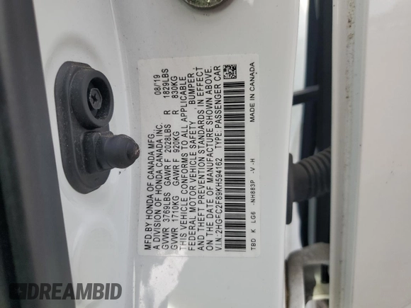 2019 Honda Civic Sport with VIN 2HGFC2F89KH594162, listed as a Copart auction lot 56005095 with 32,870 mi miles and Salvage title. Bid and sale history available at DreamBid. Image 12.