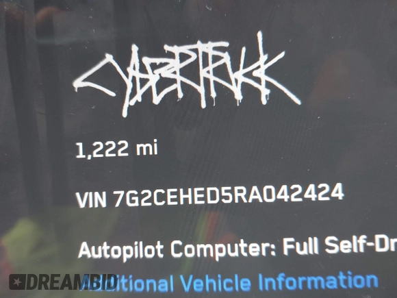 2024 Tesla Cybertruck z VIN 7G2CEHED5RA042424, wystawiony jako IAAI lot #41242343 z przebiegiem 1 222 mil mil oraz . Historia ofert i sprzedaży dostępna na DreamBid. Obrazek 16.