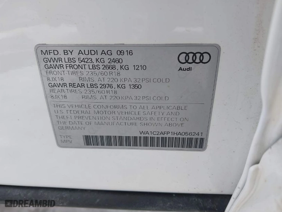 2017 Audi Q5 Premium with VIN WA1C2AFP1HA056241, listed as a IAAI auction lot 41596465 with 117,340 mi miles. Bid and sale history available at carsss.com. Image 9.
