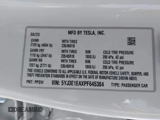 2023 Tesla Model 3 с VIN 5YJ3E1EAXPF645384, выставлен на аукционе IAAI как лот 42401955 с пробегом 18 031 миль миль и . История ставок и продаж доступна на DreamBid. Изображение 9.