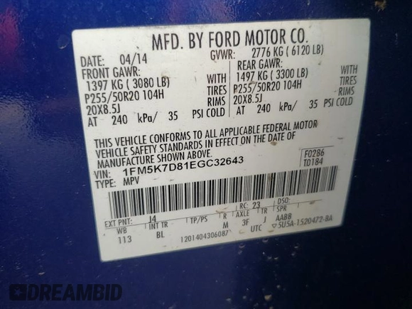 2014 Ford Explorer XLT с VIN 1FM5K7D81EGC32643, выставлен на аукционе Copart как лот 61430685 с пробегом 87 958 миль миль и Списание • Salvage title. История ставок и продаж доступна на DreamBid. Изображение 13.