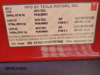 2014 Tesla Model S 60 z VIN 5YJSA1H19EFP27946, wystawiony jako Copart lot #61284625 z przebiegiem 109 147 mil mil oraz Szkoda całkowita • Salvage title. Historia ofert i sprzedaży dostępna na DreamBid. Obrazek 12.
