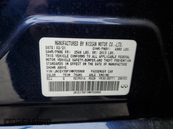 2021 Infiniti Q50 Luxe with VIN JN1EV7BP1MM705868, listed as a Copart auction lot 60127235 with 45,804 mi miles and Salvage title. Bid and sale history available at DreamBid. Image 12.