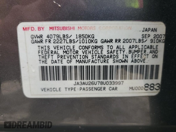2008 Mitsubishi Lancer DE with VIN JA3AU26U78U033997, listed as a Copart auction lot 52123644 with 204,653 mi miles and Non Repairable. Bid and sale history available at carsss.com. Image 12.