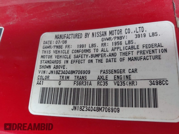 2008 Nissan 350Z z VIN JN1BZ34D48M706909, wystawiony jako IAAI lot #42364357 z przebiegiem 147 088 mil mil oraz . Historia ofert i sprzedaży dostępna na DreamBid. Obrazek 9.