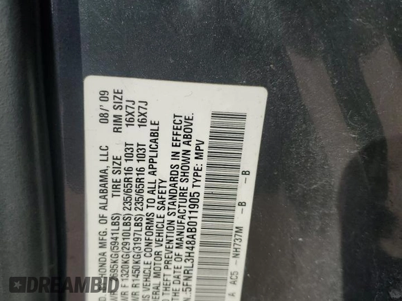 2010 Honda Odyssey EX with VIN 5FNRL3H48AB011905, listed as a Copart auction lot 54990195 with 236,506 mi miles and Clean Title. Bid and sale history available at DreamBid. Image 13.