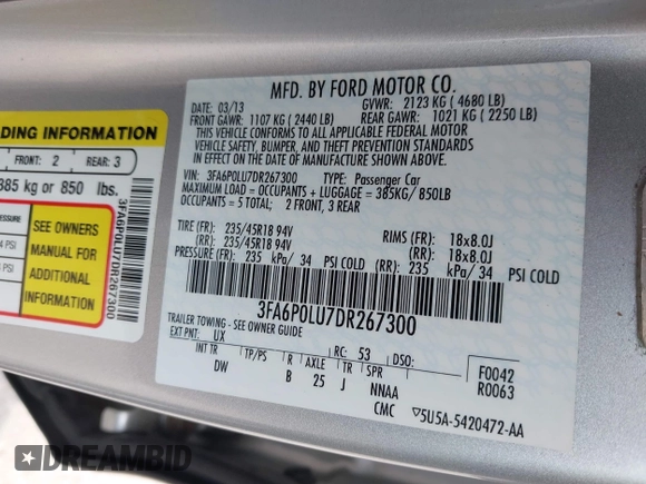 2013 Ford Fusion SE Hybrid с VIN 3FA6P0LU7DR267300, выставлен на аукционе IAAI как лот 42376940 с пробегом 148 298 миль миль и . История ставок и продаж доступна на DreamBid. Изображение 9.