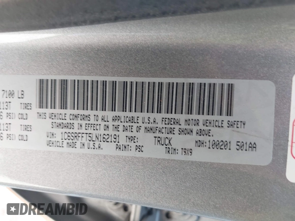 2020 Ram 1500 Big Horn with VIN 1C6SRFFT5LN162191, listed as a IAAI auction lot 42189615 with 104,130 mi miles and . Bid and sale history available at DreamBid. Image 9.