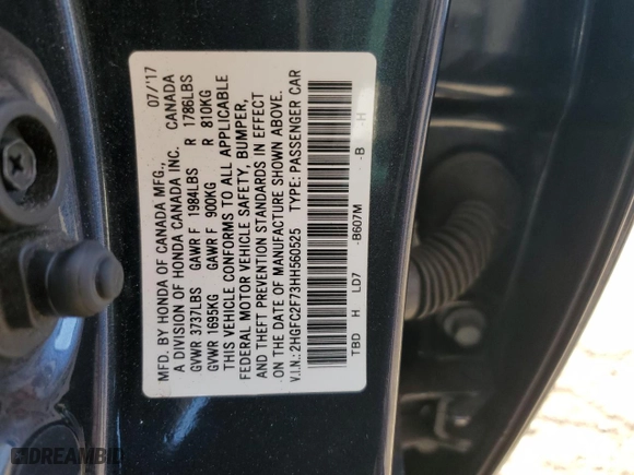 2017 Honda Civic Sedan EX with VIN 2HGFC2F73HH560525, listed as a Copart auction lot 48516005 with 64,686 mi miles and Salvage Title. Bid and sale history available at carsss.com. Image 13.