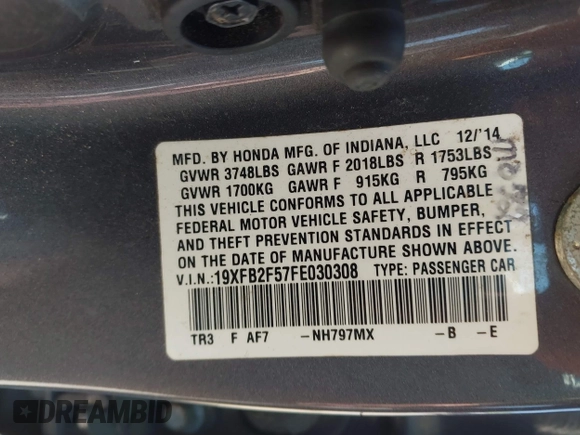 2015 Honda Civic Sedan LX with VIN 19XFB2F57FE030308, listed as a IAAI auction lot 41858216 with 190,293 mi miles. Bid and sale history available at carsss.com. Image 9.