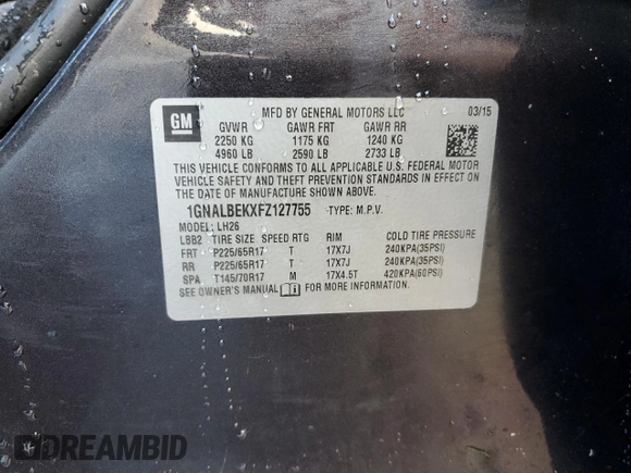 2015 Chevrolet Equinox LT with VIN 1GNALBEKXFZ127755, listed as a Copart auction lot 41464385 with 0 mi miles and Salvage Title. Bid and sale history available at carsss.com. Image 13.