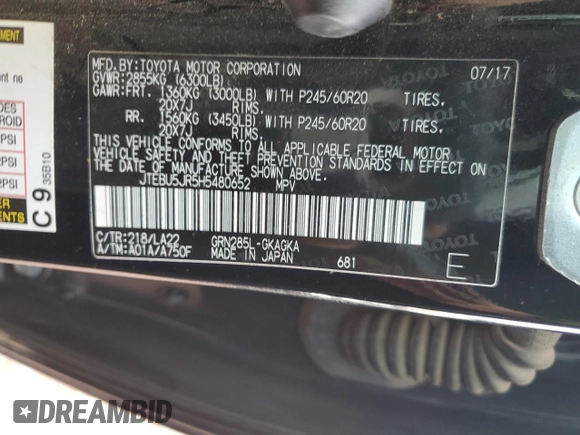 2017 Toyota 4Runner SR5 with VIN JTEBU5JR5H5480652, listed as a Copart auction lot 59444975 with 134,837 mi miles and Salvage title. Bid and sale history available at DreamBid. Image 14.