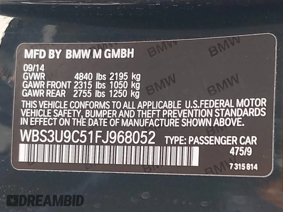 2015 BMW M4 z VIN WBS3U9C51FJ968052, wystawiony jako IAAI lot #42301612 z przebiegiem 80 556 mil mil oraz . Historia ofert i sprzedaży dostępna na DreamBid. Obrazek 9.