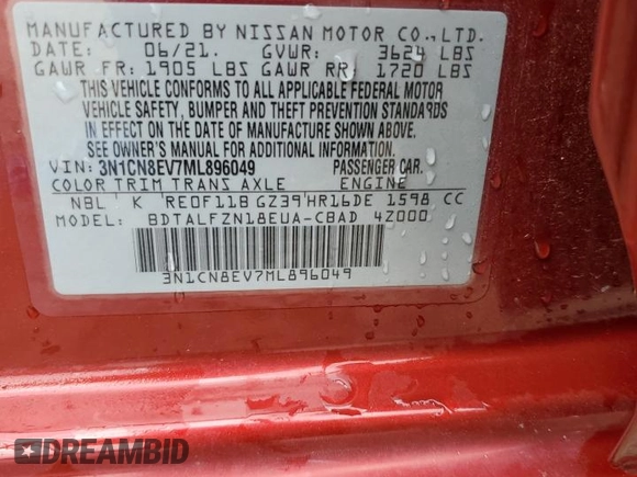 2021 Nissan Versa SV with VIN 3N1CN8EV7ML896049, listed as a Copart auction lot 50132085 with Not Provided miles and Non Repairable. Bid and sale history available at carsss.com. Image 13.