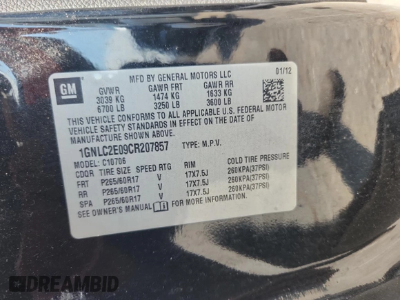 2012 Chevrolet Tahoe Commercial with VIN 1GNLC2E09CR207857, listed as a Copart auction lot 63292935 with 138,179 mi miles and Clean title. Bid and sale history available at DreamBid. Image 13.