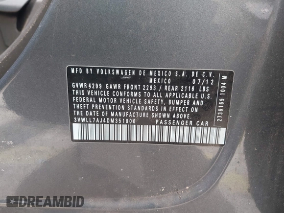2013 Volkswagen Jetta TDI w/Premium with VIN 3VWLL7AJ4DM351806, listed as a IAAI auction lot 42654515 with 146,910 mi miles and . Bid and sale history available at DreamBid. Image 9.