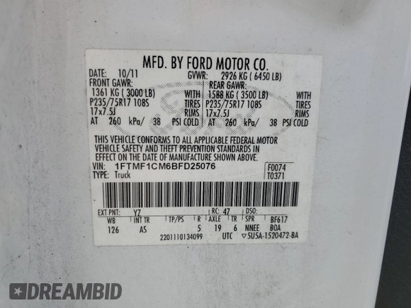 2011 Ford F-150 XL with VIN 1FTMF1CM6BFD25076, listed as a Copart auction lot 50706195 with 249,597 mi miles and Salvage Title. Bid and sale history available at DreamBid. Image 12.