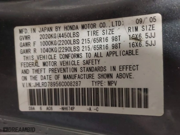 2006 Honda CR-V EX SE with VIN JHLRD78956C008287, listed as a IAAI auction lot 41765006 with 125,443 mi miles. Bid and sale history available at carsss.com. Image 9.