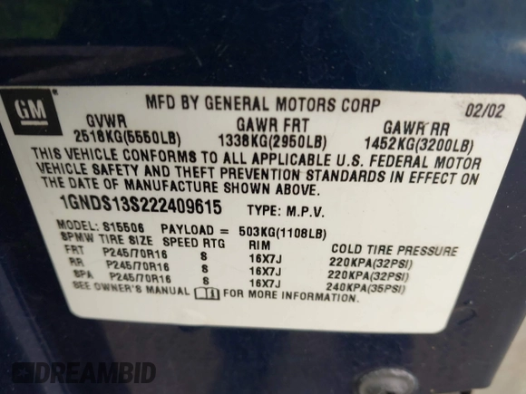 2002 Chevrolet TrailBlazer LS with VIN 1GNDS13S222409615, listed as a IAAI auction lot 42170974 with 241,737 mi miles and . Bid and sale history available at DreamBid. Image 9.