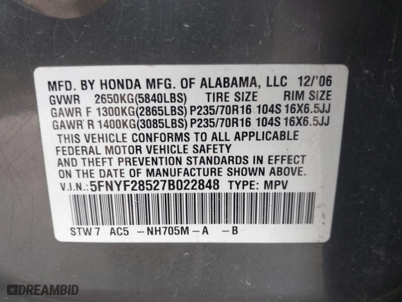 2007 Honda Pilot EX-L with VIN 5FNYF28527B022848, listed as a IAAI auction lot 42010116 with 240,277 mi miles. Bid and sale history available at carsss.com. Image 9.