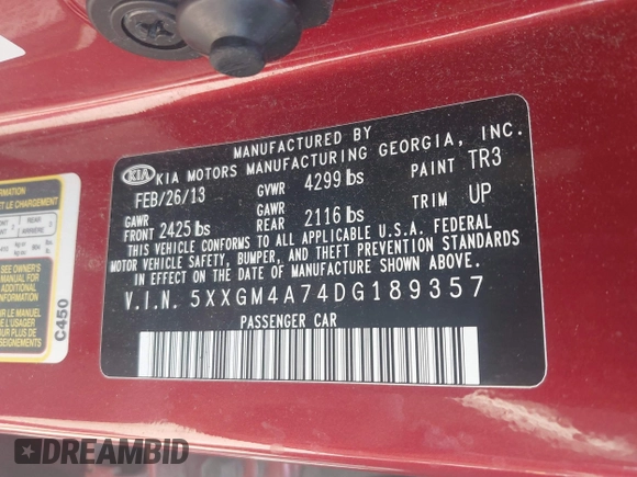 2013 Kia Optima LX with VIN 5XXGM4A74DG189357, listed as a IAAI auction lot 42095444 with 168,096 mi miles. Bid and sale history available at carsss.com. Image 9.