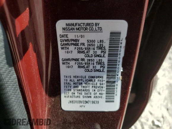2002 Nissan Pathfinder SE z VIN JN8DR09Y02W719639, wystawiony jako Copart lot #53619955 z przebiegiem 117 174 mil mil oraz Szkoda całkowita • Salvage title. Historia ofert i sprzedaży dostępna na DreamBid. Obrazek 13.