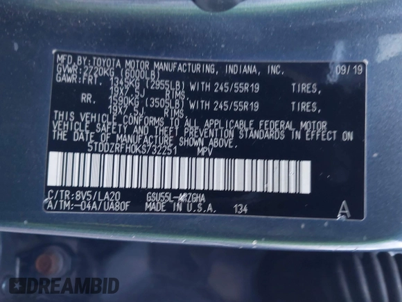 2019 Toyota Highlander Limited with VIN 5TDDZRFH0KS732251, listed as a IAAI auction lot 41020511 with 72,677 mi miles and . Bid and sale history available at DreamBid. Image 9.
