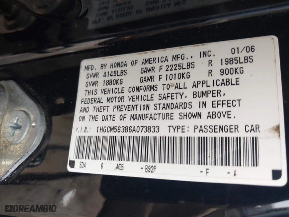 2006 Honda Accord Sdn LX SE with VIN 1HGCM56386A073833, listed as a IAAI auction lot 41790693 with 276,812 mi miles. Bid and sale history available at carsss.com. Image 9.
