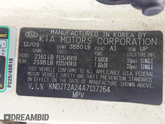 2010 Kia Soul + with VIN KNDJT2A24A7137264, listed as a IAAI auction lot 42163602 with 161,596 mi miles and . Bid and sale history available at DreamBid. Image 9.