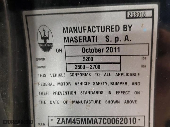 2012 Maserati GranTurismo Convertible Sport with VIN ZAM45MMA7C0062010, listed as a Copart auction lot 59426994 with NaN miles and Salvage Title. Bid and sale history available at carsss.com. Image 12.