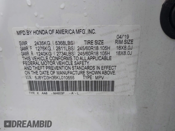 2019 Acura MDX with VIN 5J8YD3H36KL010655, listed as a IAAI auction lot 41500980 with 68,421 mi miles and . Bid and sale history available at DreamBid. Image 9.
