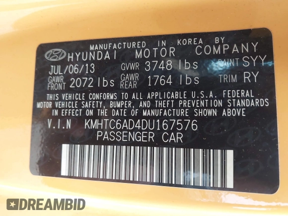 2013 Hyundai Veloster w/Black Int with VIN KMHTC6AD4DU167576, listed as a IAAI auction lot 41491479 with 90,033 mi miles and . Bid and sale history available at DreamBid. Image 9.
