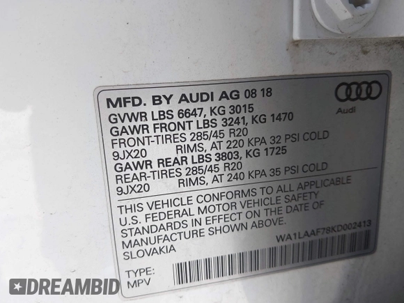 2019 Audi Q7 Premium Plus with VIN WA1LAAF78KD002413, listed as a IAAI auction lot 42212732 with 111,667 mi miles and . Bid and sale history available at DreamBid. Image 9.