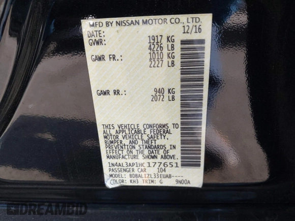 2017 Nissan Altima SV with VIN 1N4AL3AP1HC177651, listed as a IAAI auction lot 42279940 with 107,774 mi miles and . Bid and sale history available at DreamBid. Image 9.
