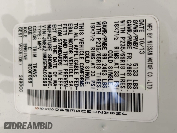2014 Nissan Murano SV z VIN JN8AZ1MU5EW402599, wystawiony jako IAAI lot #42115514 z przebiegiem 131 656 mil mil oraz . Historia ofert i sprzedaży dostępna na DreamBid. Obrazek 9.