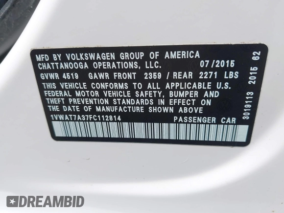 2015 Volkswagen Passat Wolfsburg Edition with VIN 1VWAT7A37FC112814, listed as a IAAI auction lot 42607166 with 123,429 mi miles and . Bid and sale history available at DreamBid. Image 9.