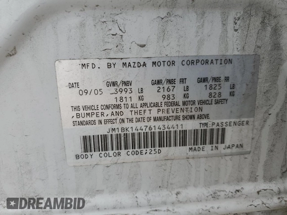 2006 Mazda 3 S Sport with VIN JM1BK144761434411, listed as a Copart auction lot 48255625 with 106,251 mi miles and Salvage Title. Bid and sale history available at DreamBid. Image 12.
