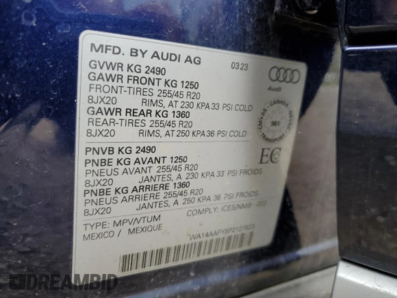2023 Audi Q5 Sportback S line Premium with VIN WA14AAFY5P2127823, listed as a Copart auction lot 52159404 with 17,094 mi miles and Salvage title. Bid and sale history available at DreamBid. Image 13.