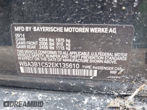 2014 BMW 3 Series 320i with VIN WBA3B1C52EK135610, listed as a IAAI auction lot 42274086 with 69,536 mi miles and . Bid and sale history available at DreamBid. Image 9.