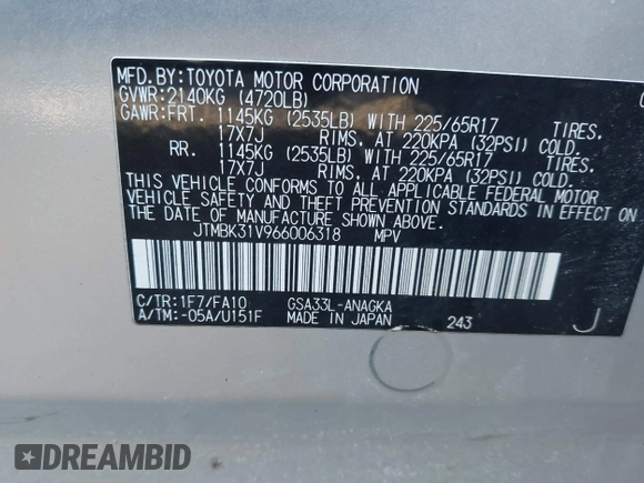 2006 Toyota RAV4 Limited with VIN JTMBK31V966006318, listed as a IAAI auction lot 41759309 with 205,614 mi miles. Bid and sale history available at carsss.com. Image 9.