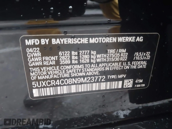 2022 BMW X5 sDrive40i with VIN 5UXCR4C08N9M23772, listed as a IAAI auction lot 41788369 with 33,198 mi miles. Bid and sale history available at carsss.com. Image 9.