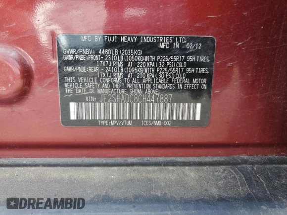 2012 Subaru Forester X Premium с VIN JF2SHADC8CH447887, выставлен на аукционе Copart как лот 59198615 с пробегом 146 570 миль миль и Чистый • Clean title. История ставок и продаж доступна на DreamBid. Изображение 12.